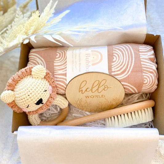 Baby Gift Set. Newborn Baby Gift Set. Crochet Lion Gift Set. Muslin Wrap. Baby shower gift. Newborn, Baby Brush. Gender neutral