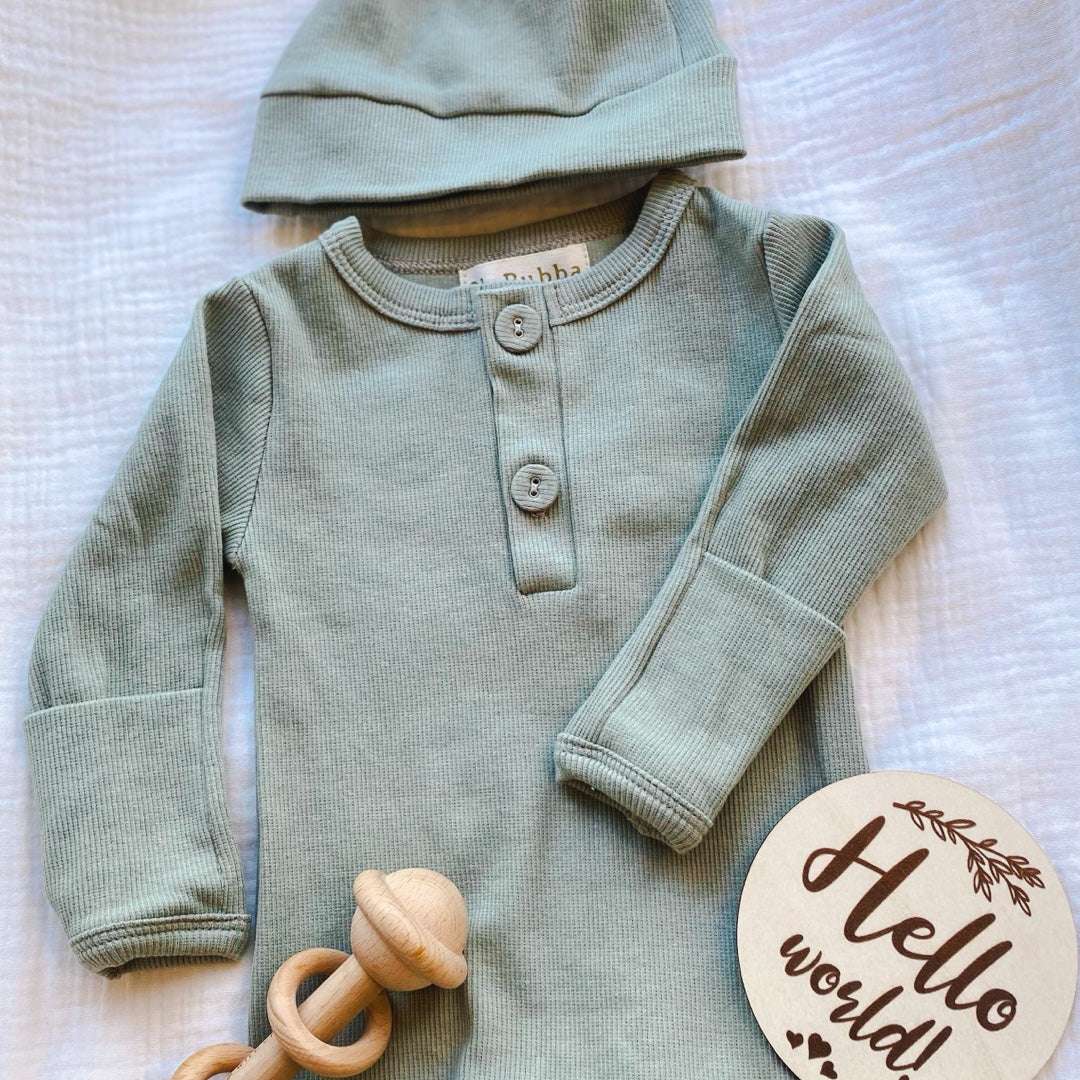 Olive Green Ribbed Baby Onesie and Beanie