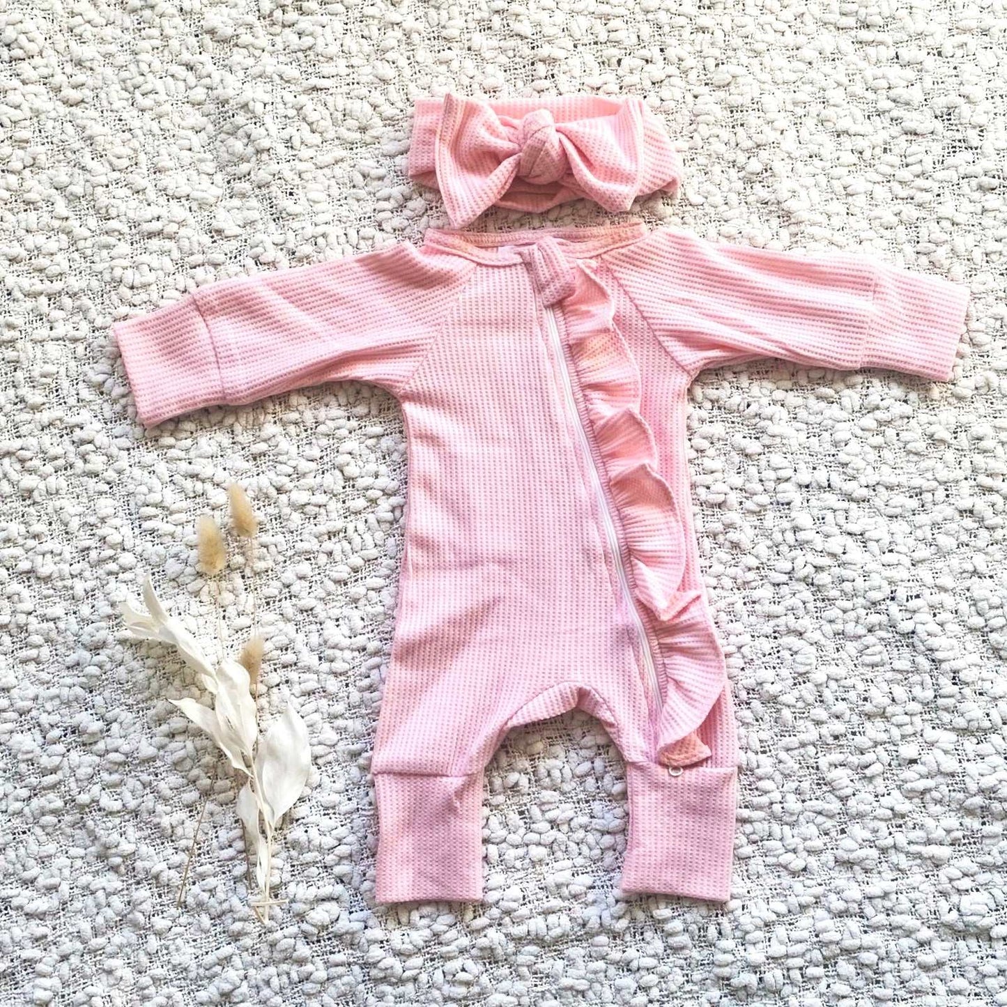 Pink Waffle Frill Onesie & Headband