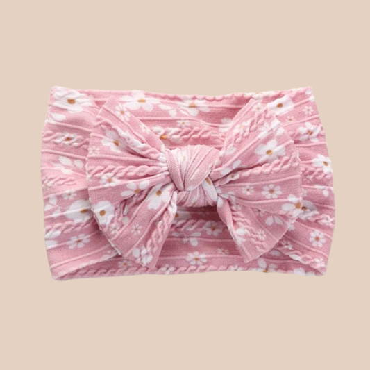 Pink daisy cable knit headband. Newborn baby bow headband. Hair accessories