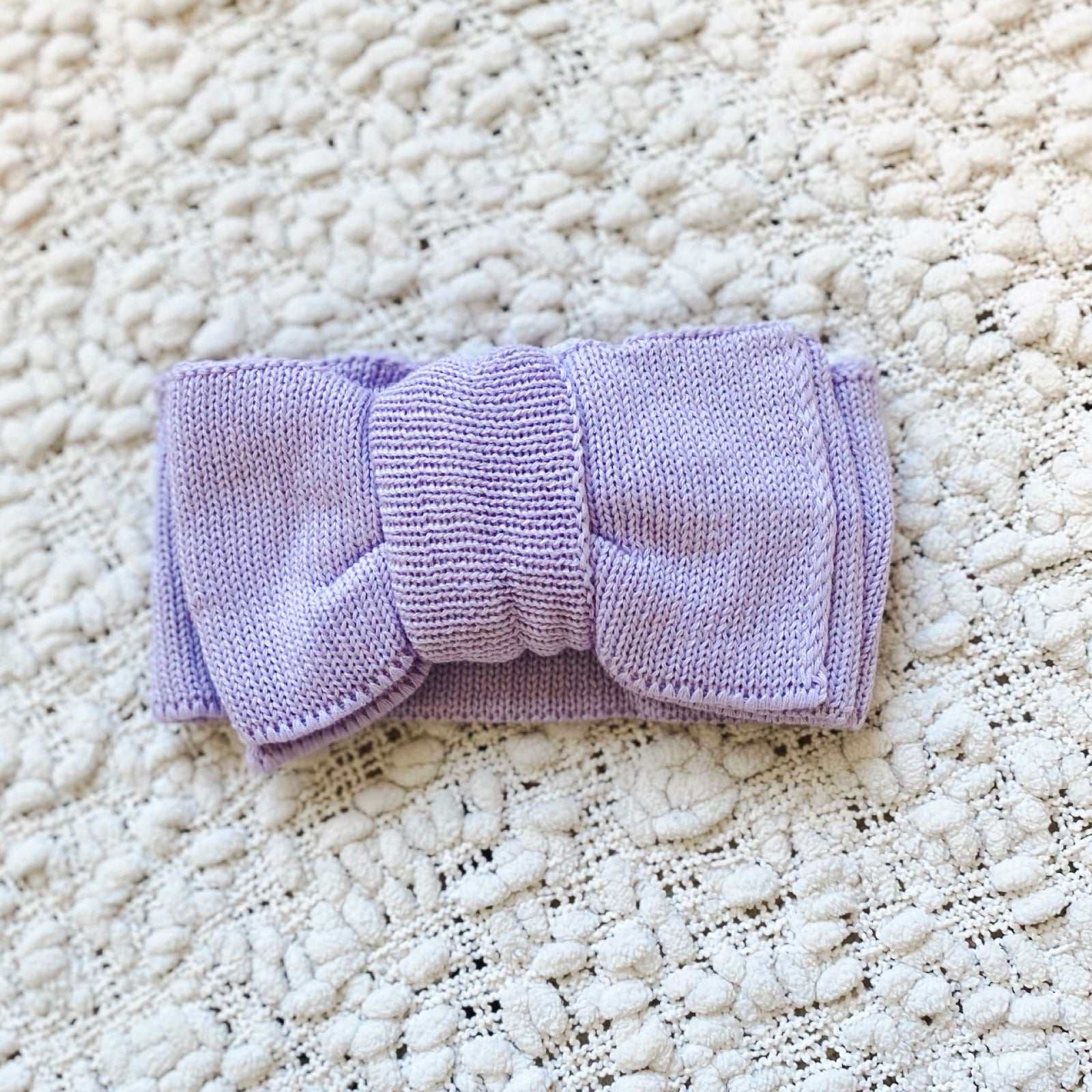 Lilac baby knit headband. Baby knit bow