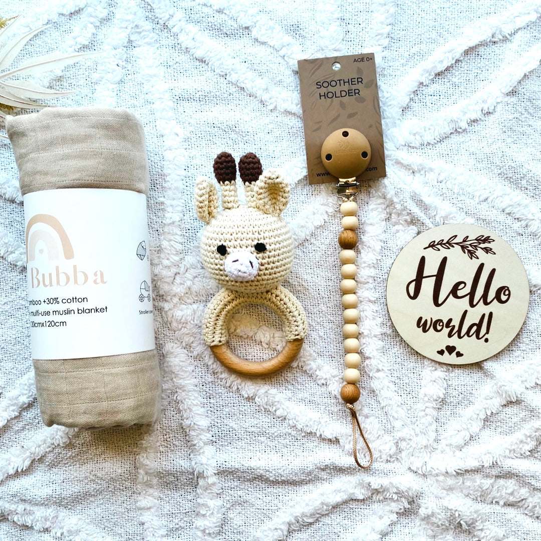 Hello World Giraffe Crochet Rattle Baby Gift Set