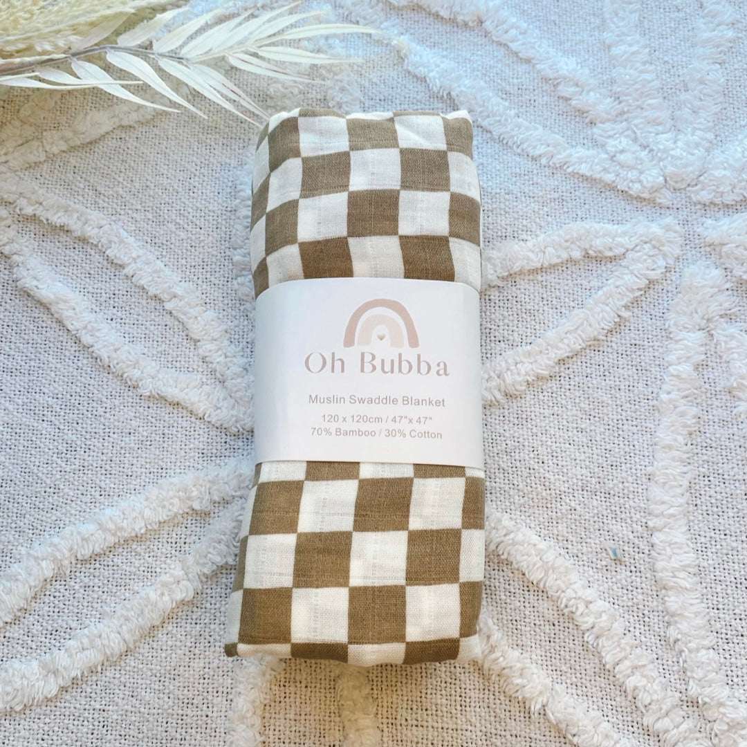 Baby Blanket. Tan Gingham Baby Swaddle 