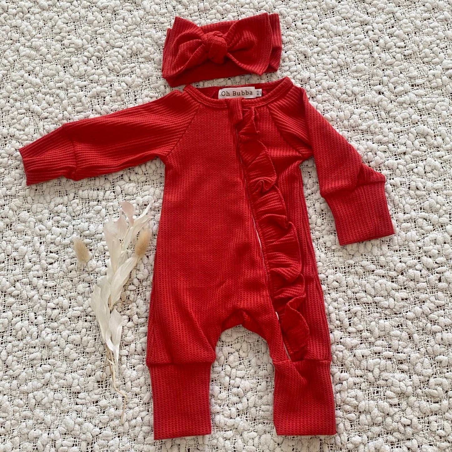 Red Waffle Frill Baby Onesie and headband 