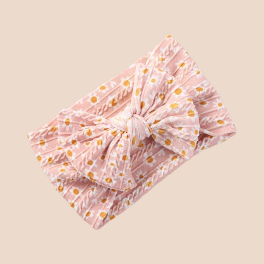 Cable Knit Baby Bow Headband | Peach Daisy