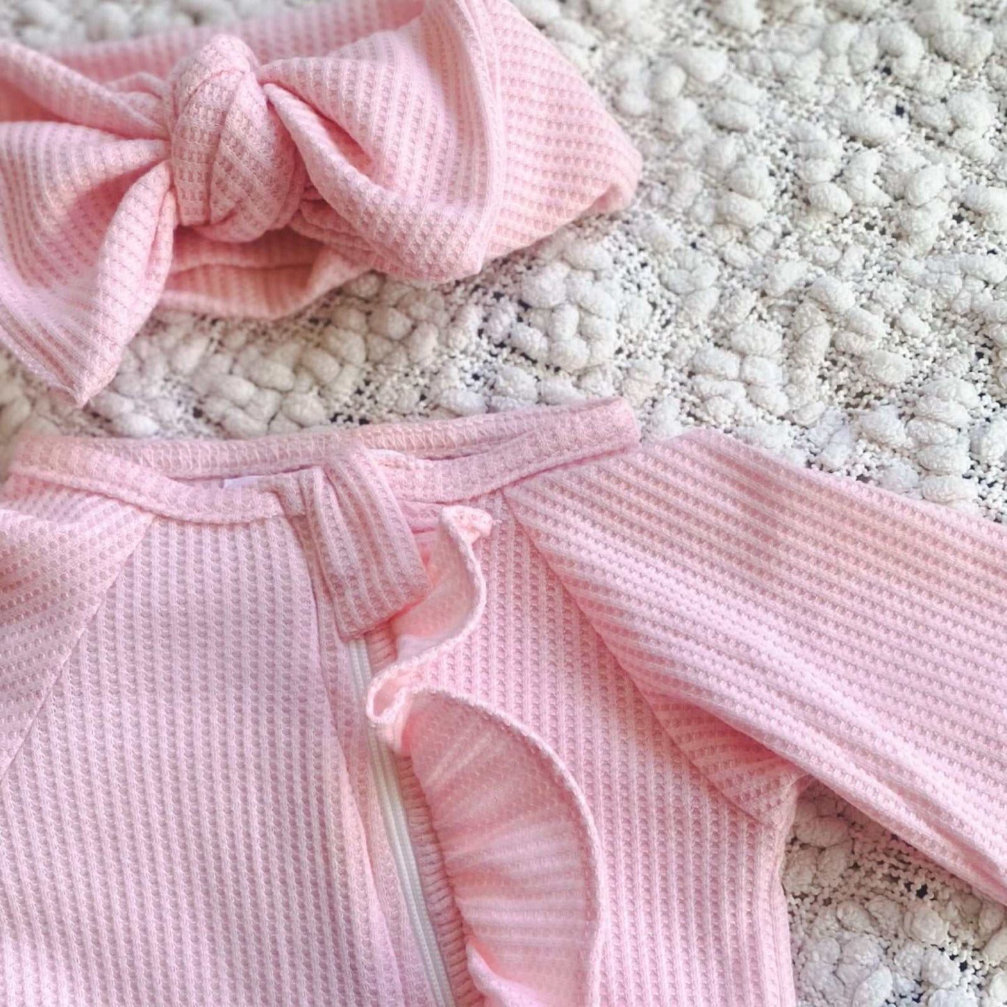 Pink Waffle Frill Onesie & Headband