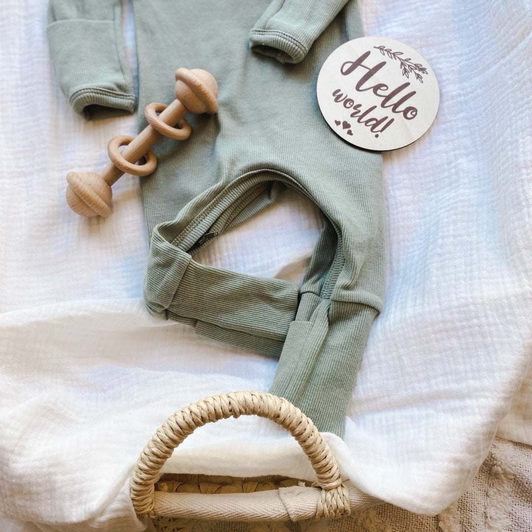 Olive Green Ribbed Baby Onesie and Beanie