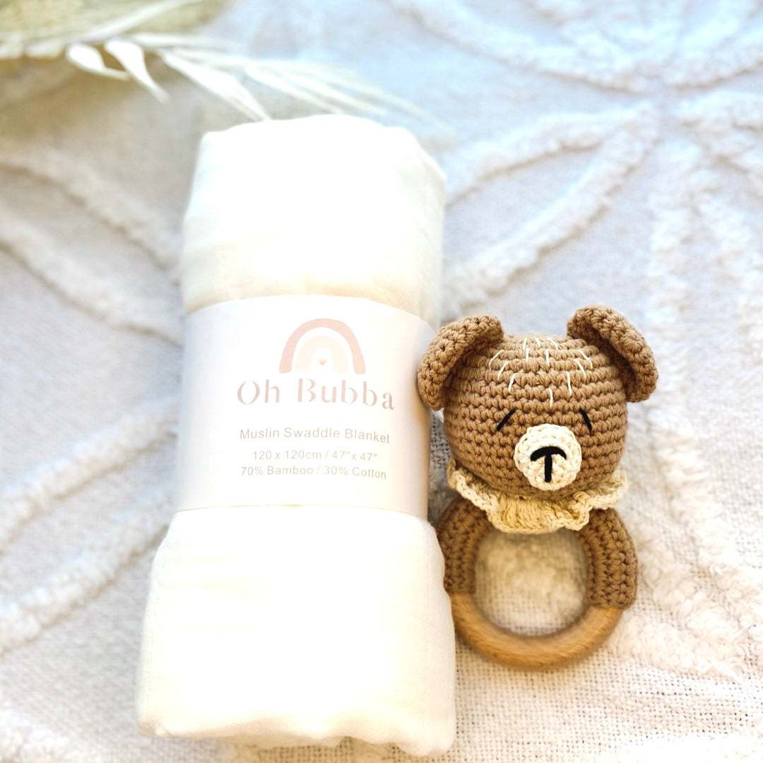 adorable babyh crochet wooden baby bear rattle | Natural beechwood