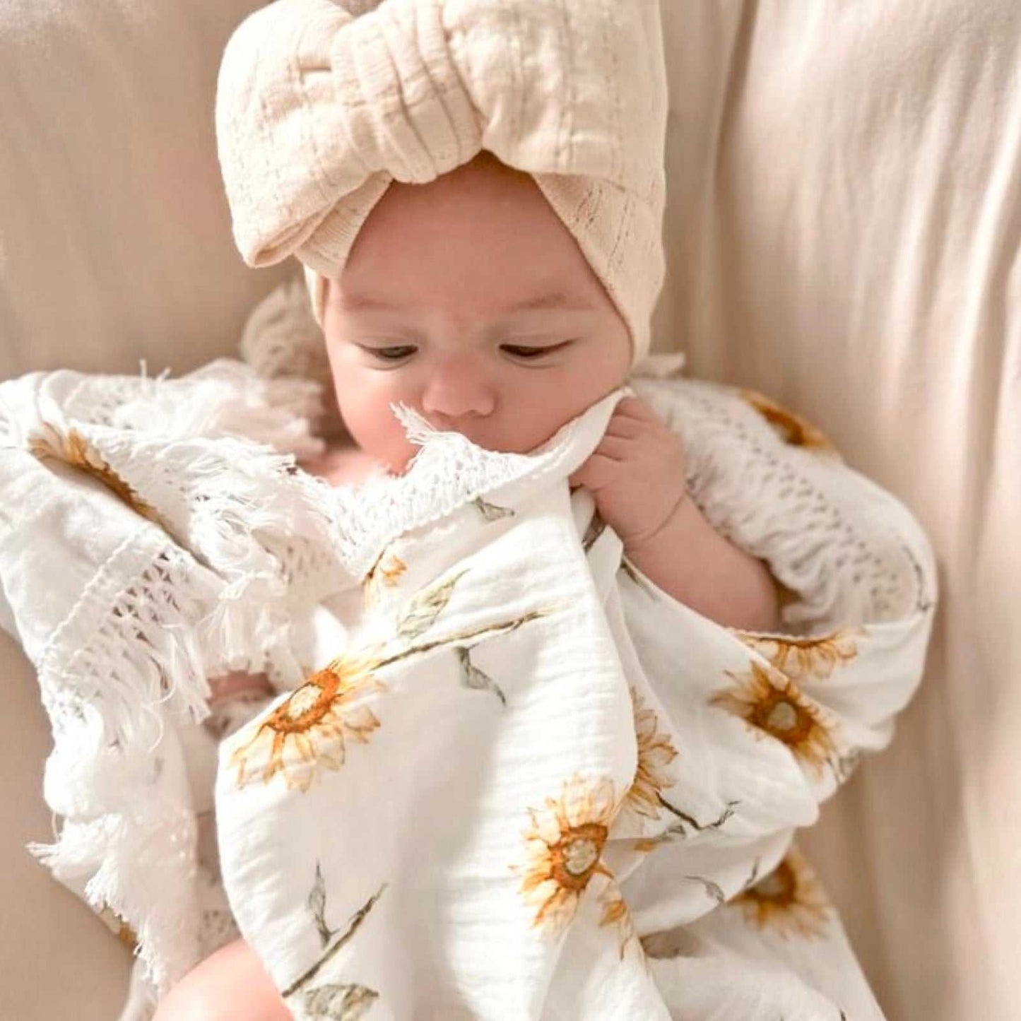 Newborn baby sunflower fringe swaddle. Baby muslin wrap.