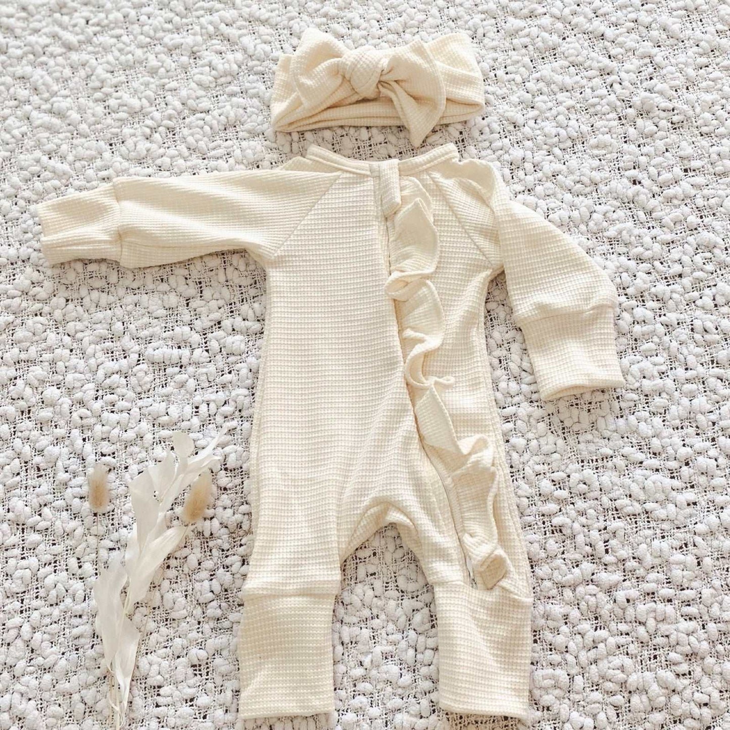 Baby girl oat waffle romper and headband set