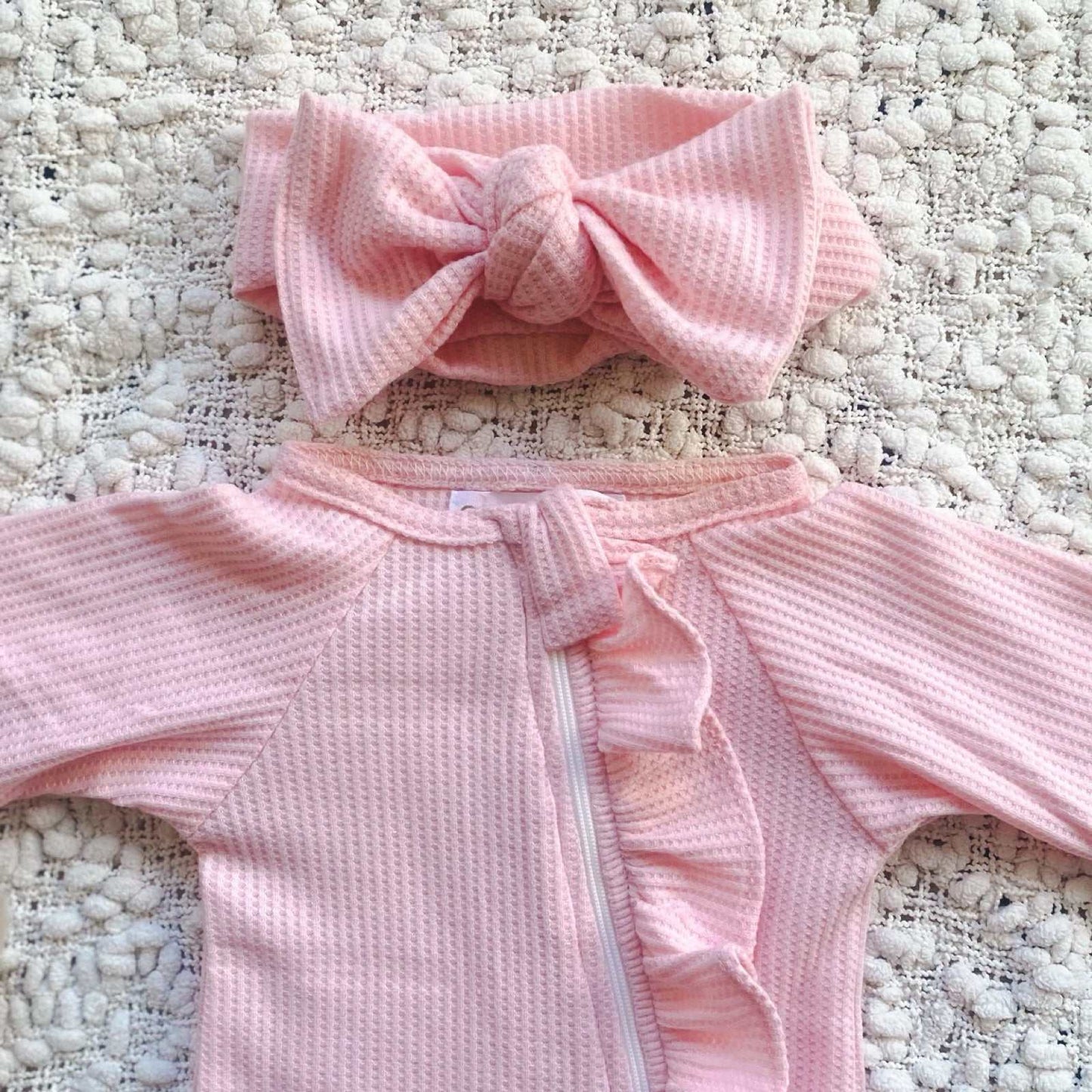 Pink Waffle Frill Onesie & Headband