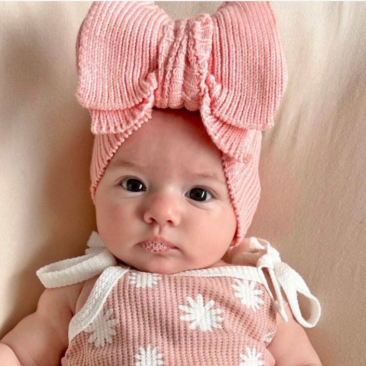 Large pink knit baby bow. Newborn baby headband 