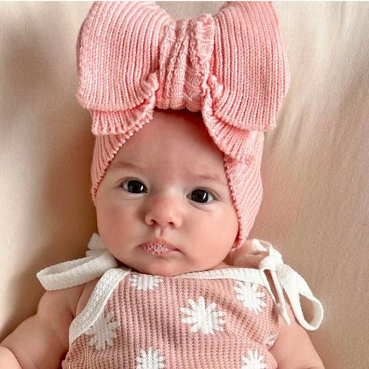 Large pink knit baby bow. Newborn baby headband 