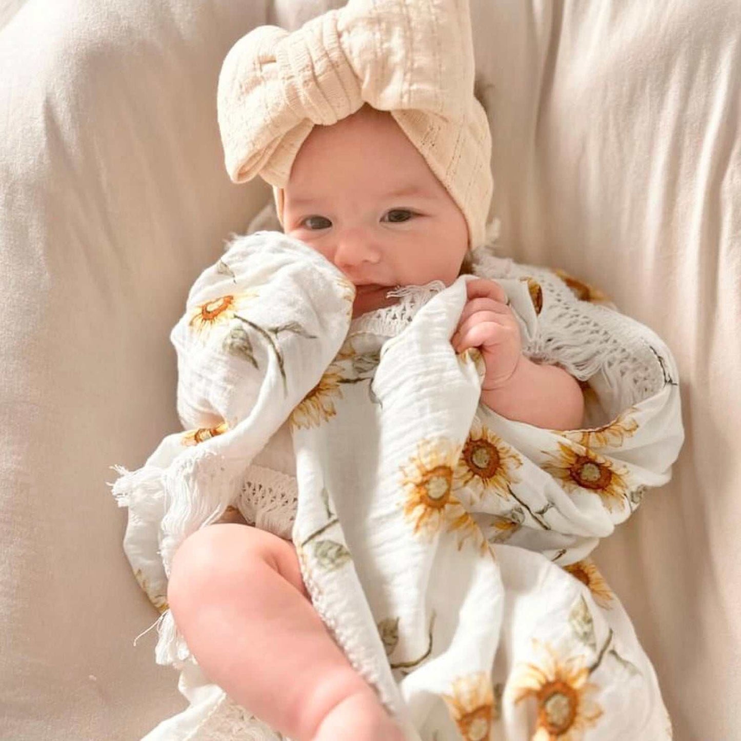 Sunflower baby fringe swaddle. Newborn baby muslin wrap. Baby blanket 