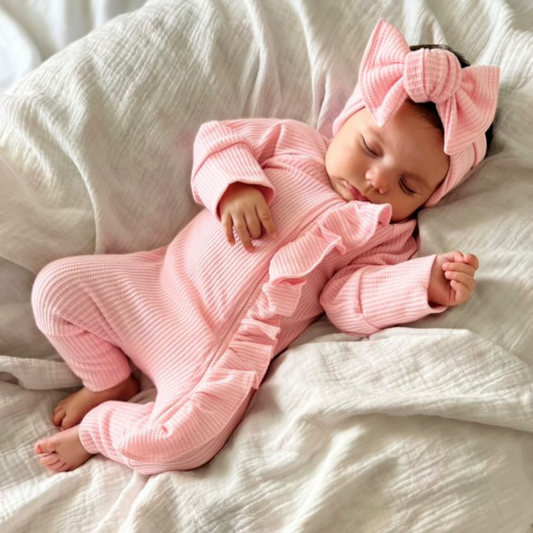 Pink Waffle Frill Onesie & Headband