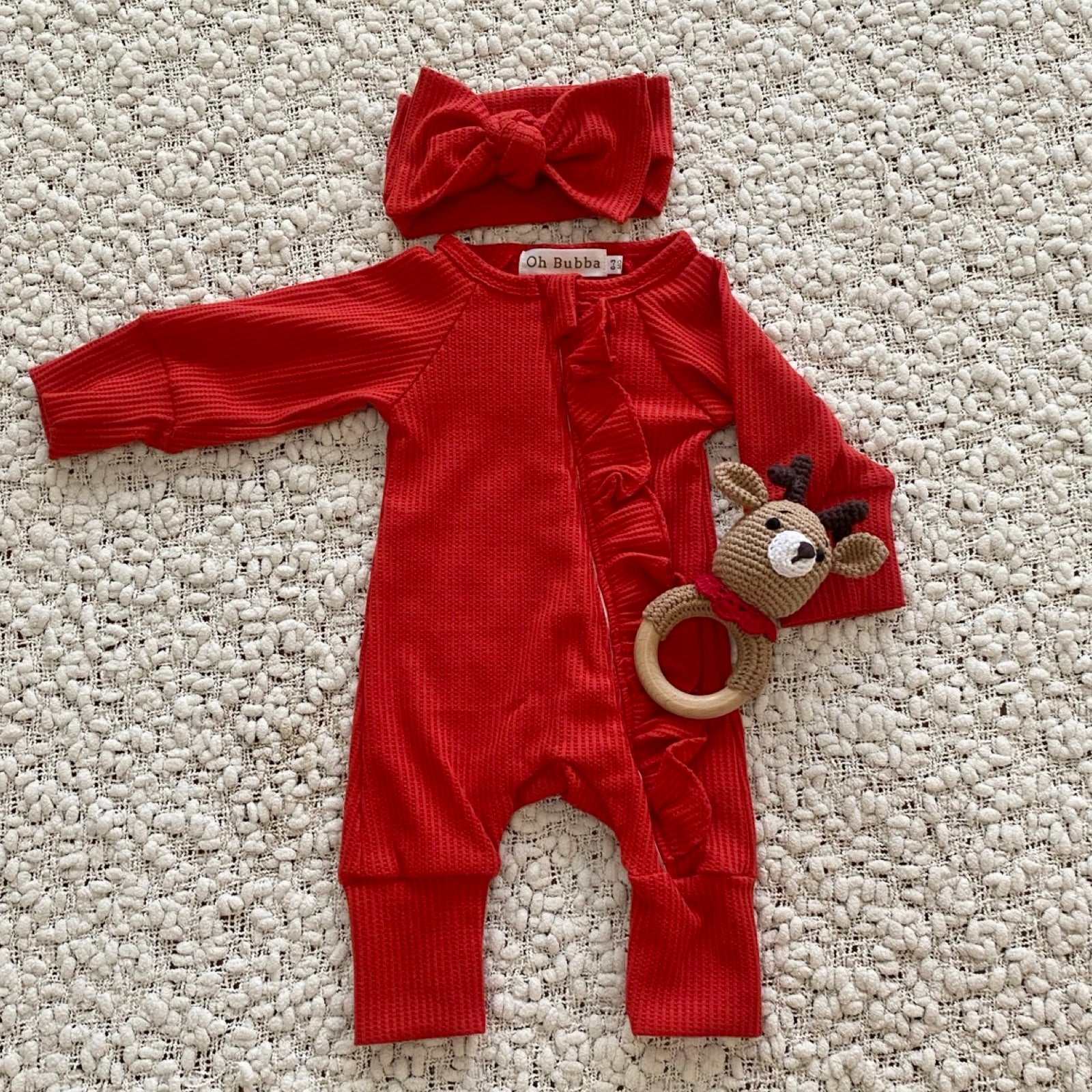 Baby's first Christmas outfit. Red waffle romper 