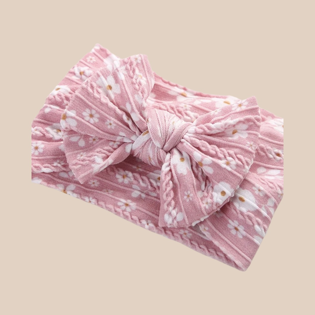 Cable Knit Baby Bow Headband | Pink Daisy