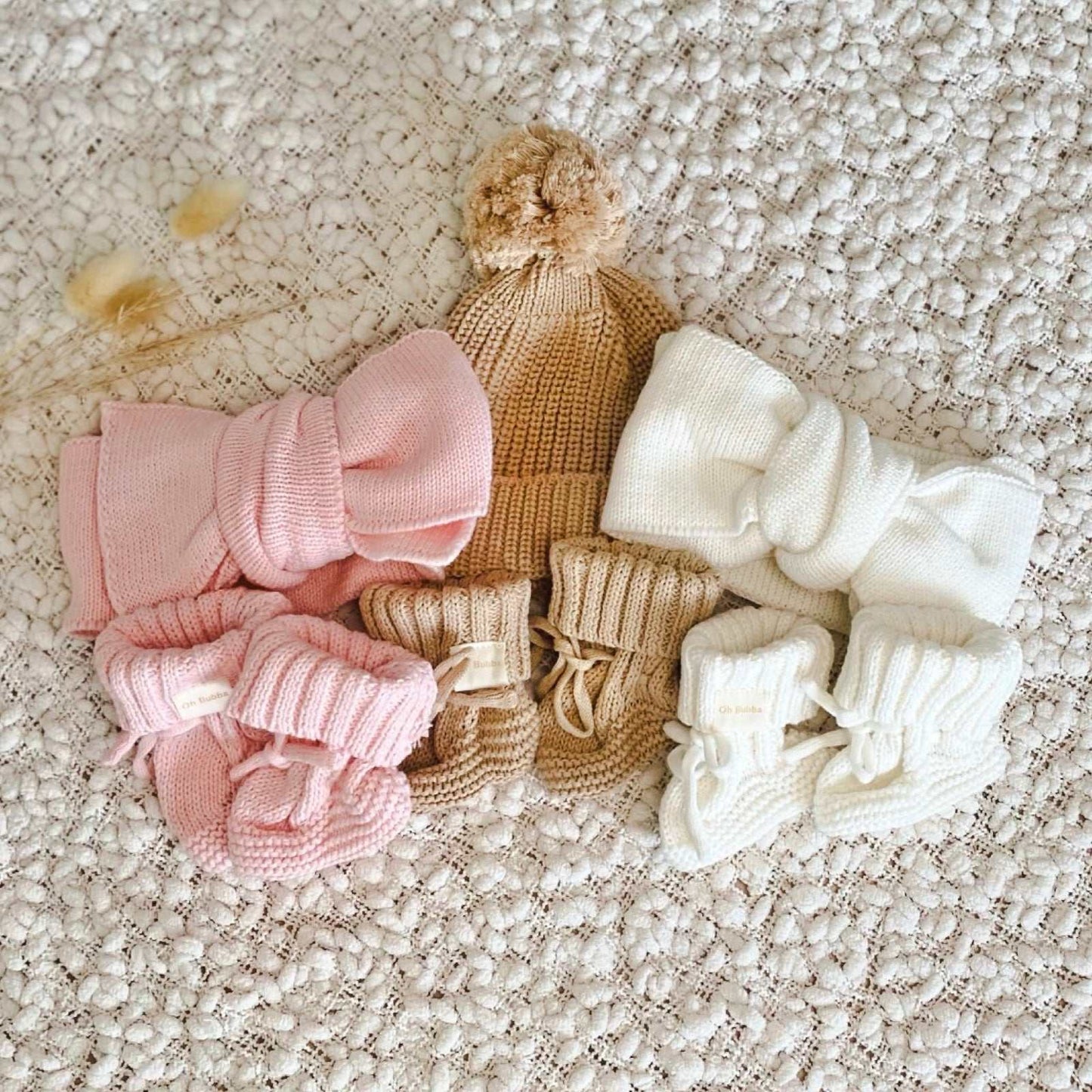 Baby knit beanie and booties set. Baby bow headband and booties set