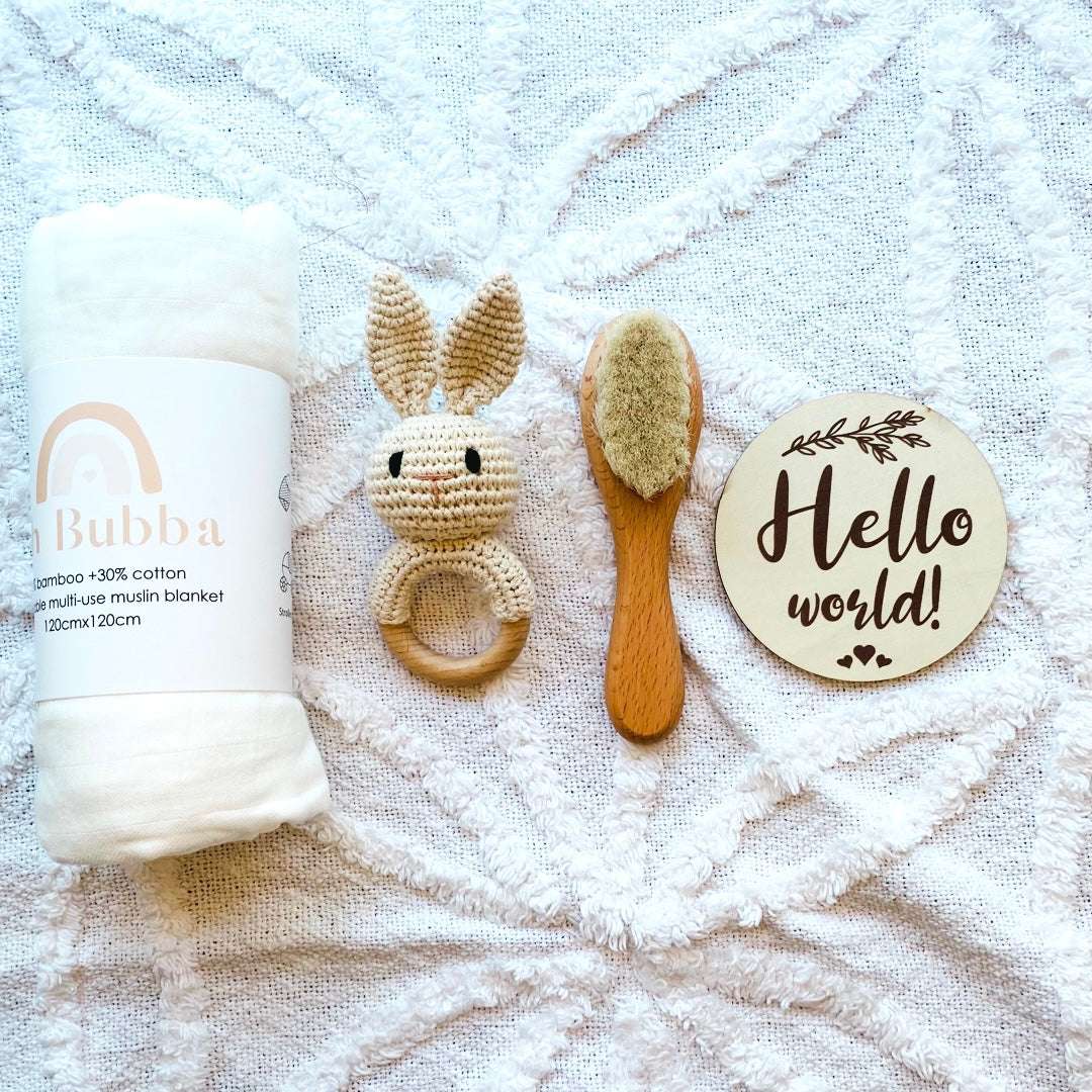 Hello World Crochet Bunny Rattle Baby Gift Set