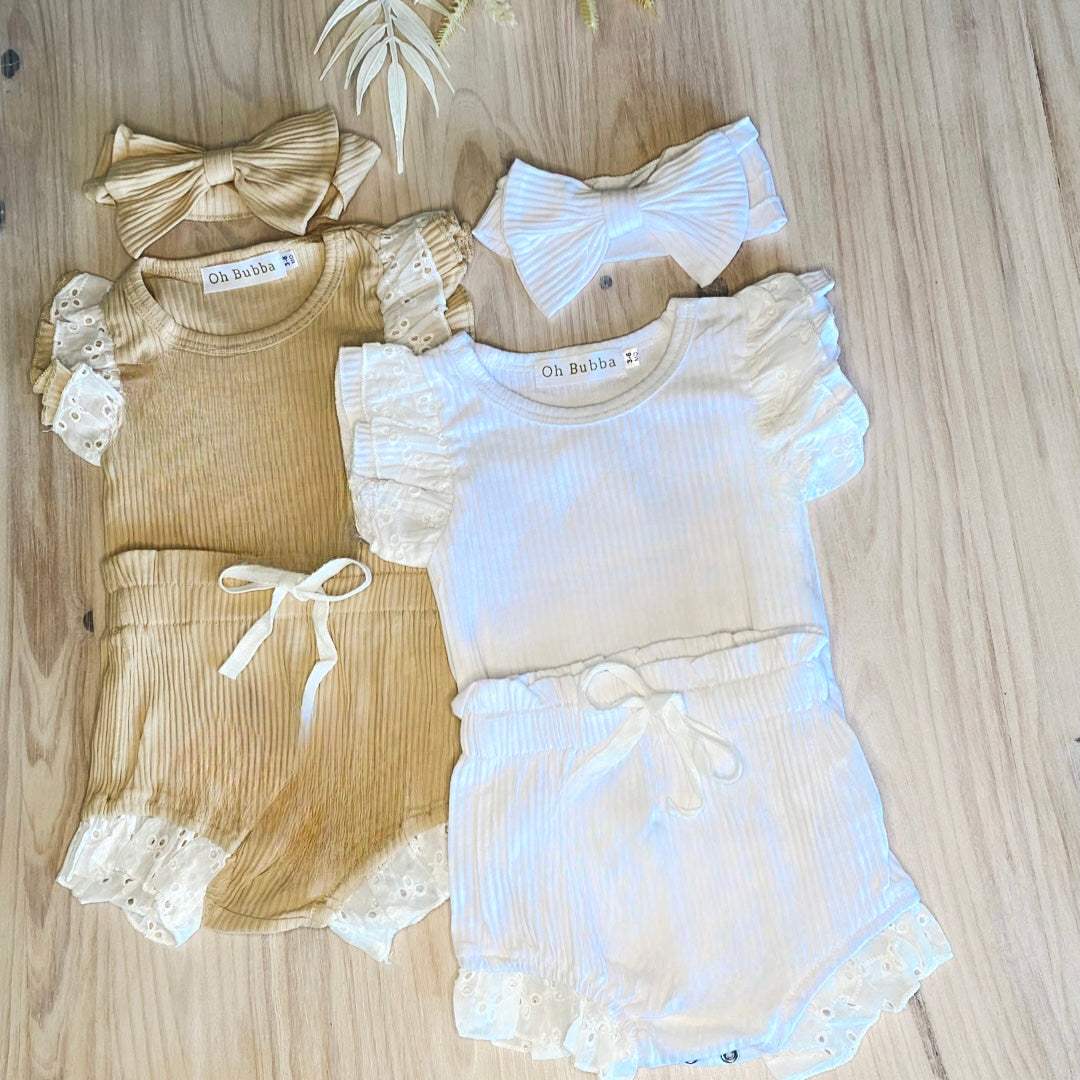 Broderie Ruffles Romper and Bloomer Set | Beige