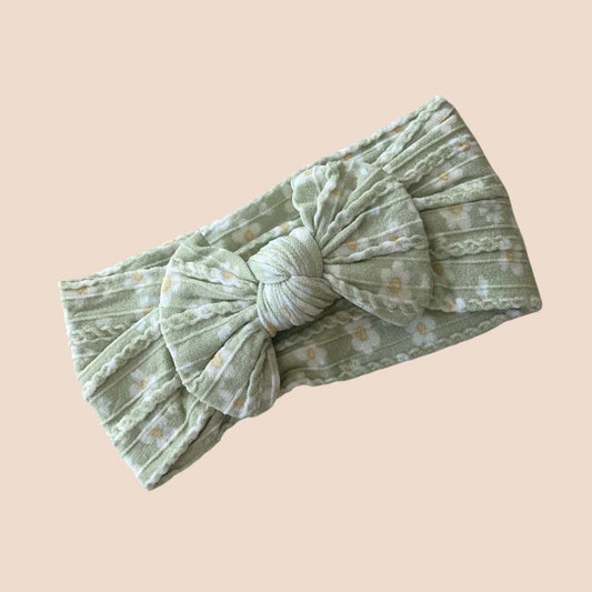 Cable Knit Baby Bow Headband | Green Daisy