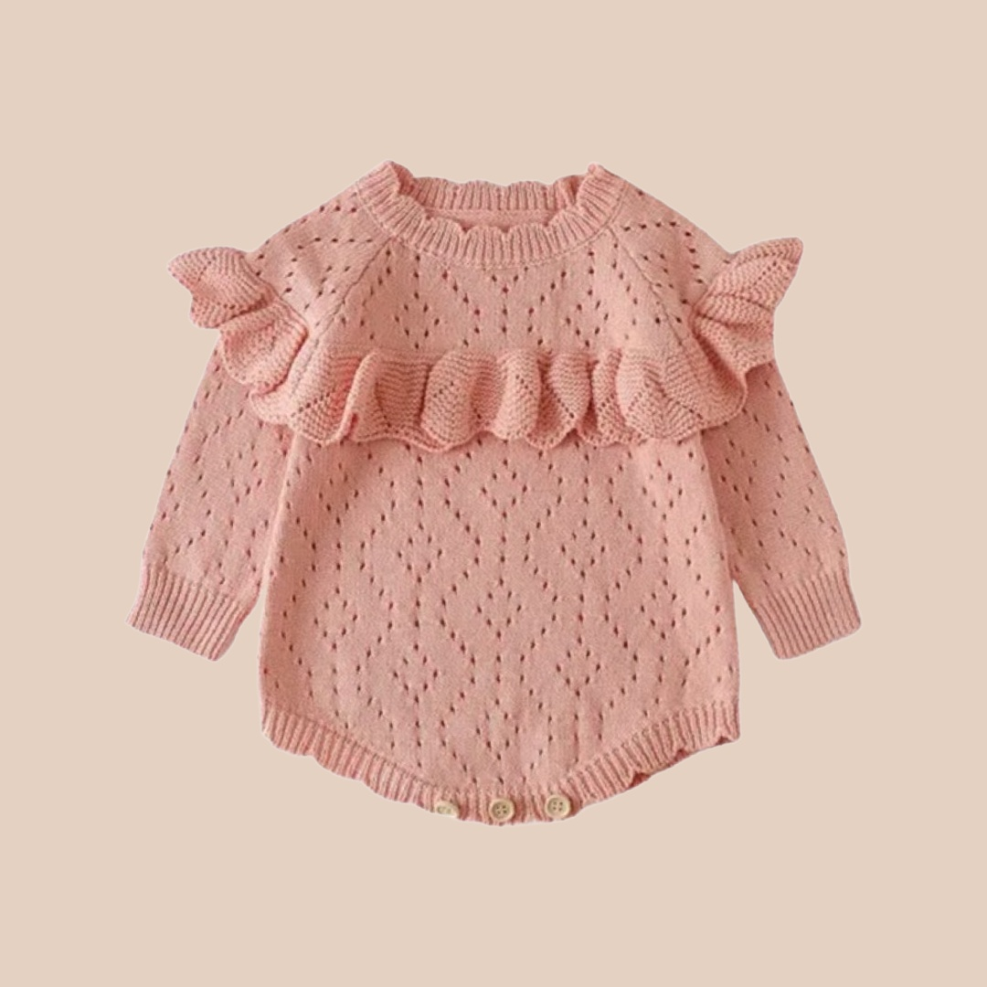 Pink diamond knit baby girl romper. Baby girl clothing. Frill baby knit romper