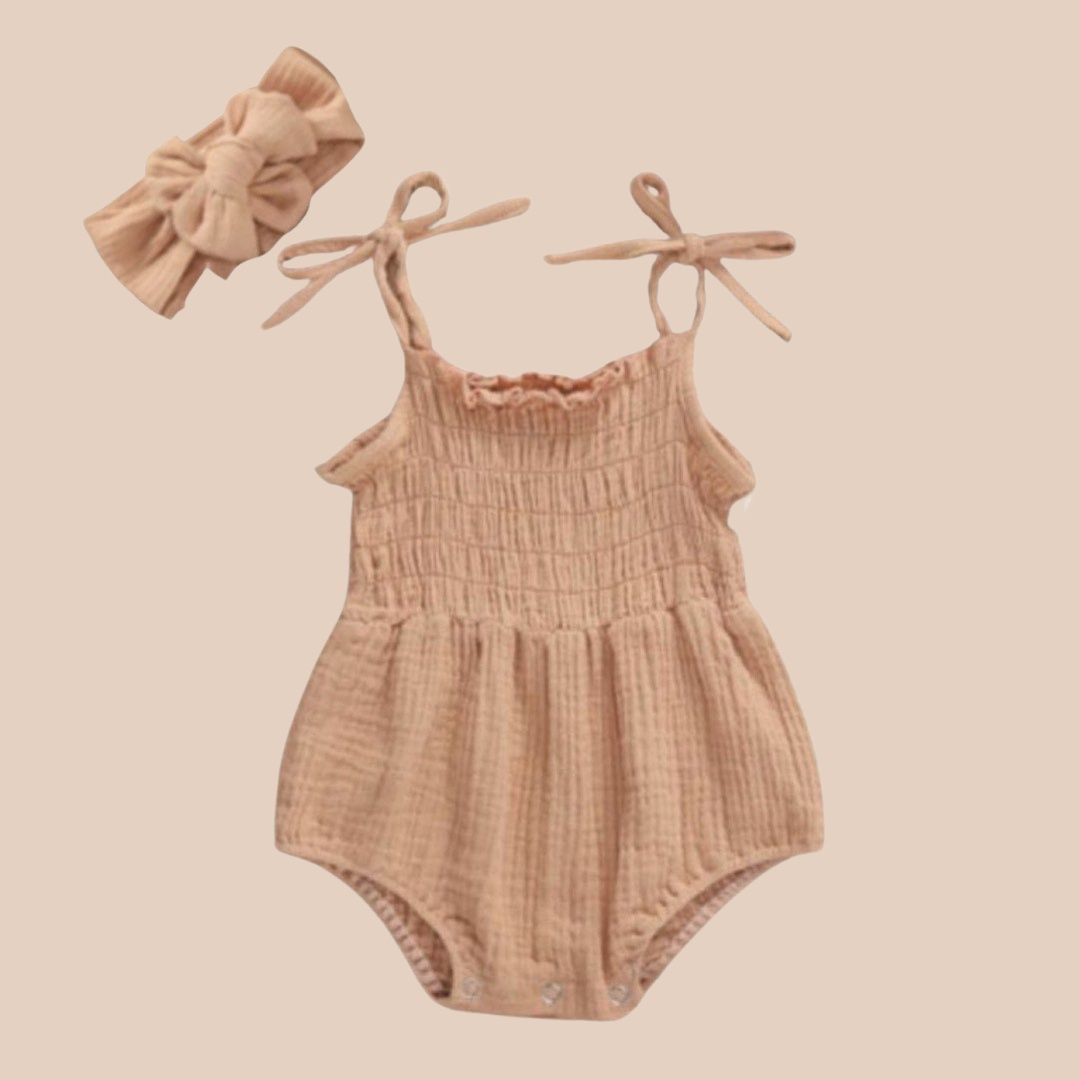 Tan baby girl romper. Baby girl romper. Baby girl clothing. Muslin baby romper