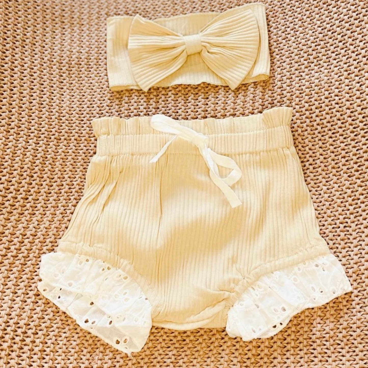 Broderie Baby Bloomers & Headband Set | Beige 3-6m