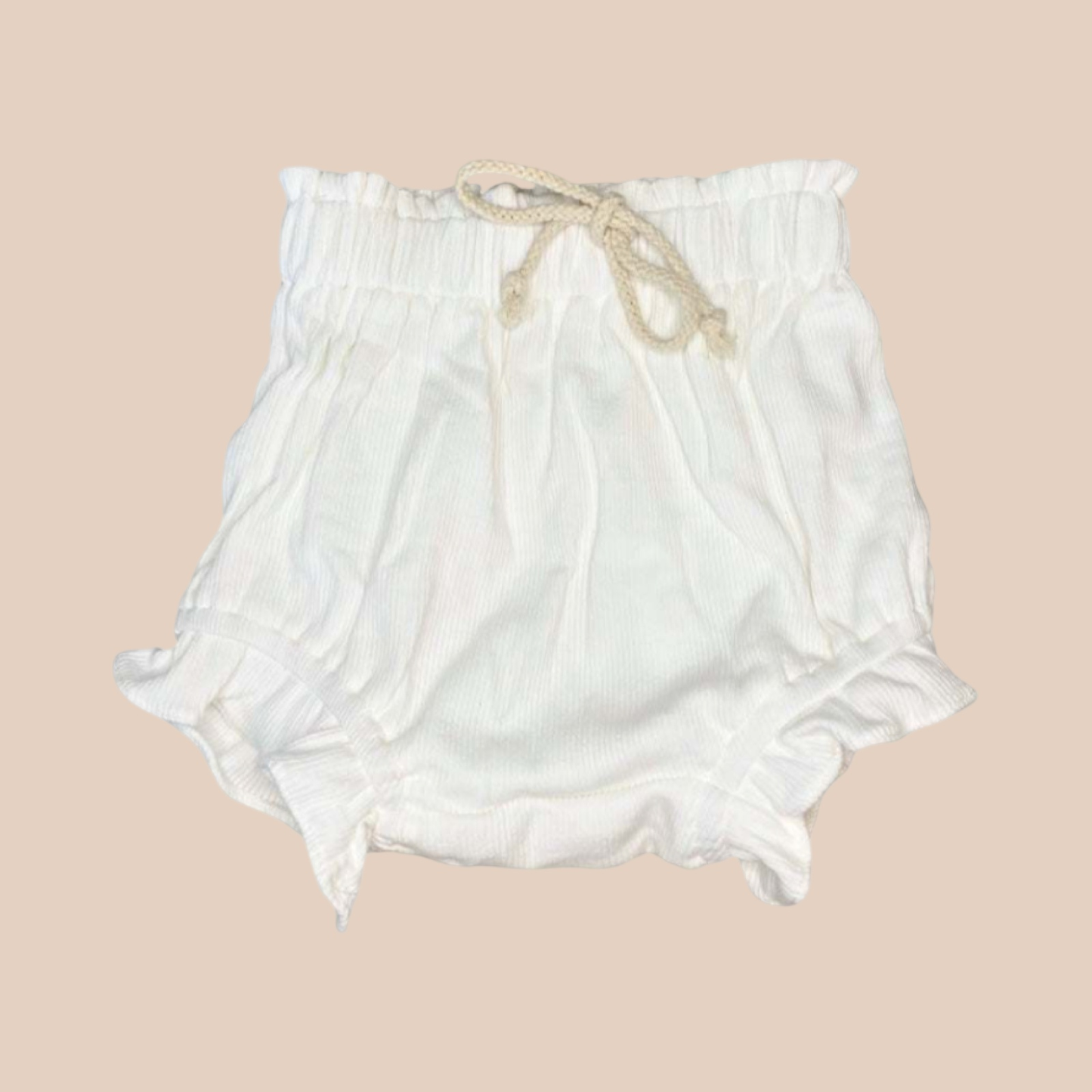 White frill baby bloomers. White ribbed baby shorts 