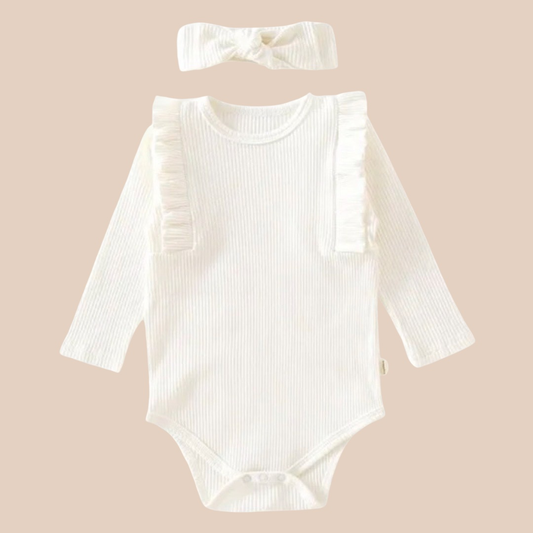 White frill baby romper and headband set. Baby girl clothing. Newborn clothing 