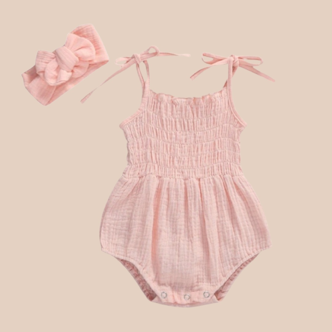 Pink tie up baby romper and headband set. Baby girl romper. Baby girl clothing. Newborn clothing. Mulsin baby romper