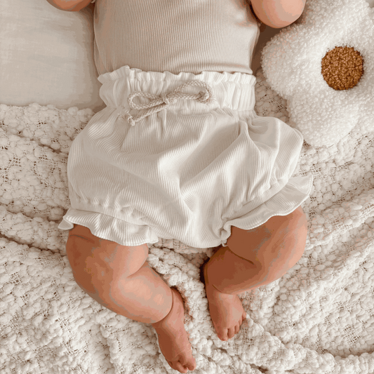 Baby girl white ribbed shorts. White frill baby bloomers