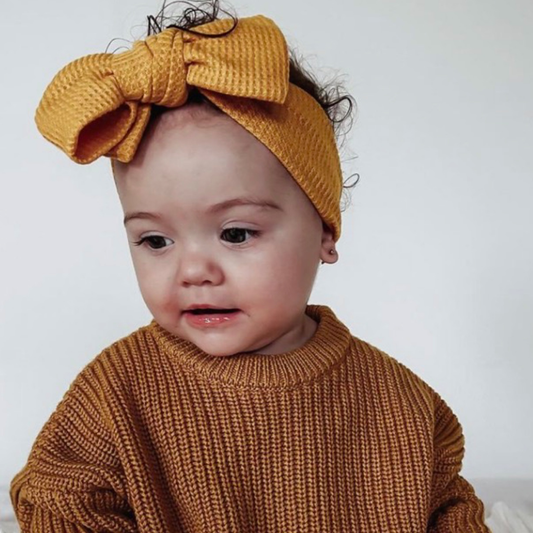 Waffle baby bow headband. Large baby bow headband. Mustard waffle baby bow headband 