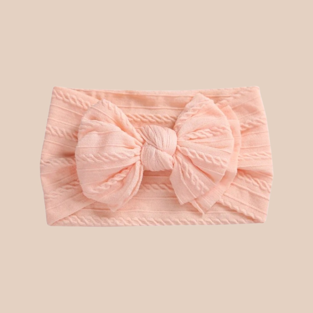 Peach cable knit baby bow headband. Large baby bow. Big Baby bow headband. Baby topknot