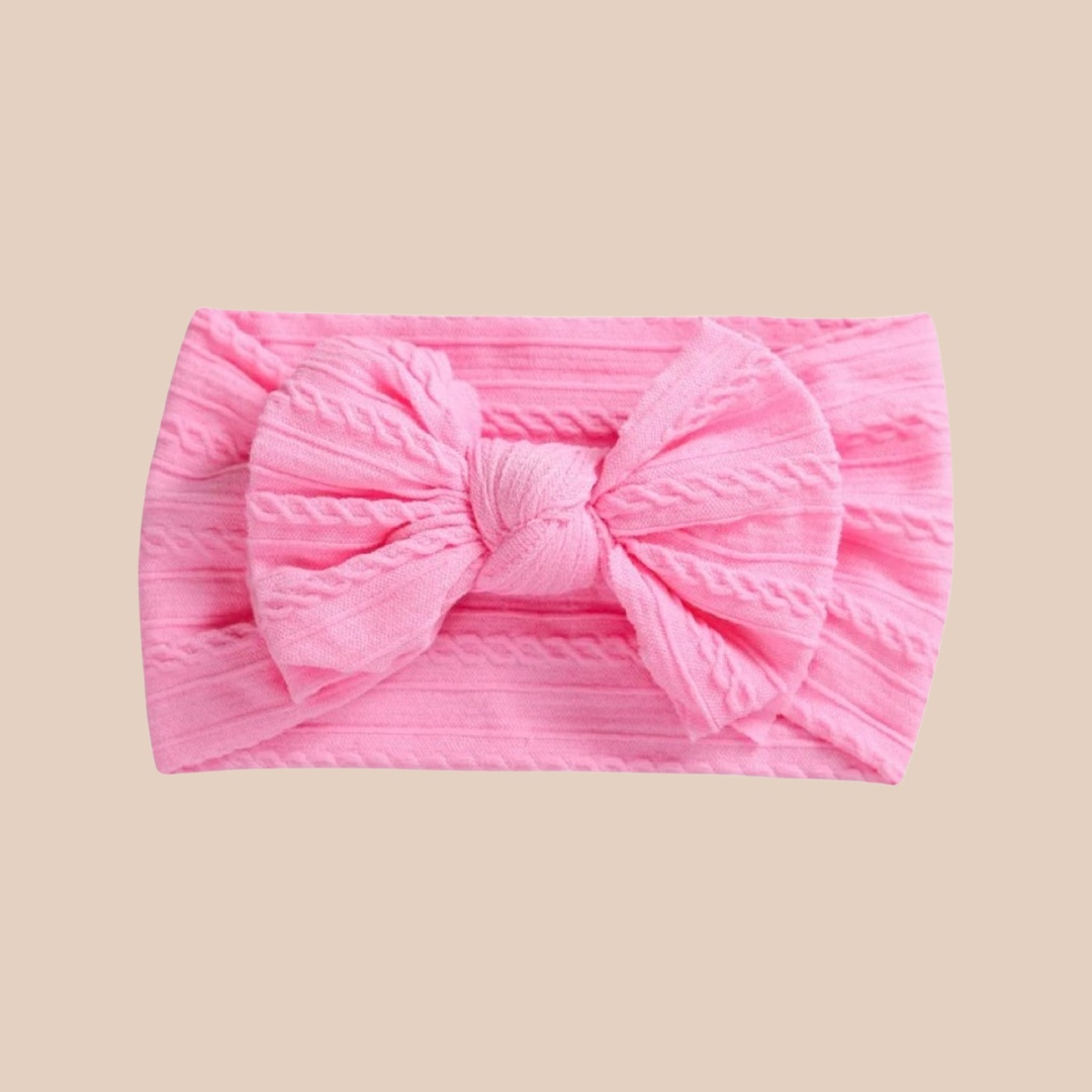 Big Bow Baby Girl Cable Knit Headband. Candy Pink