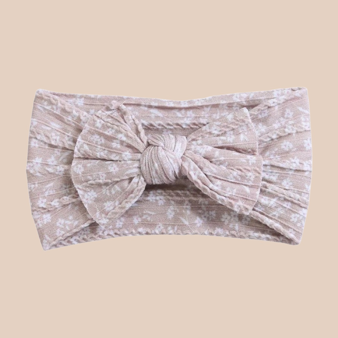 Cable Knit Baby Bow Headband | Floral Tan