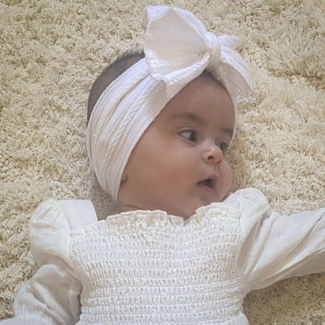 White large baby bow headband. Cable knit headband. Baby Topknot