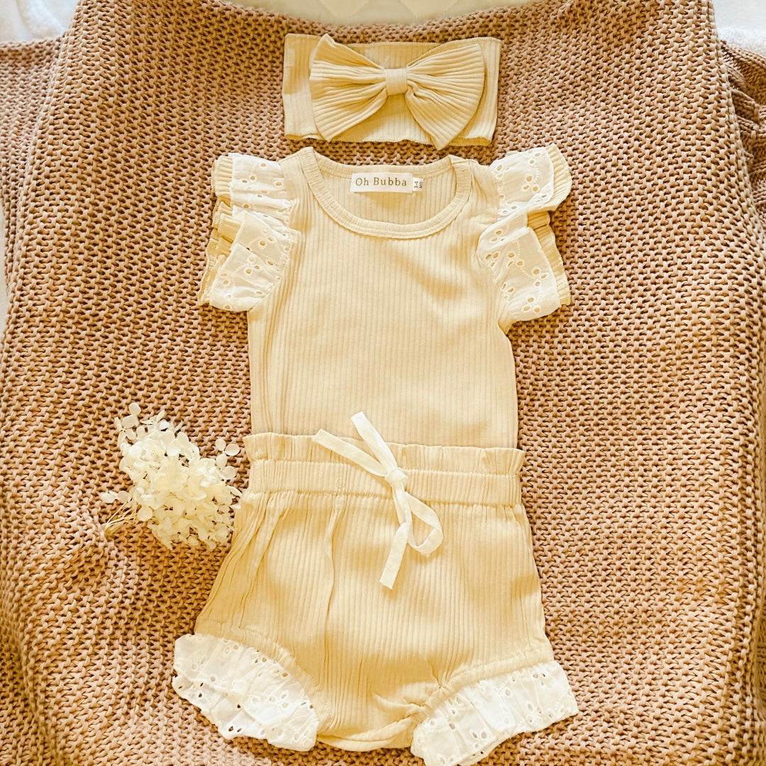 Broderie Ruffles Romper and Bloomer Set | Beige