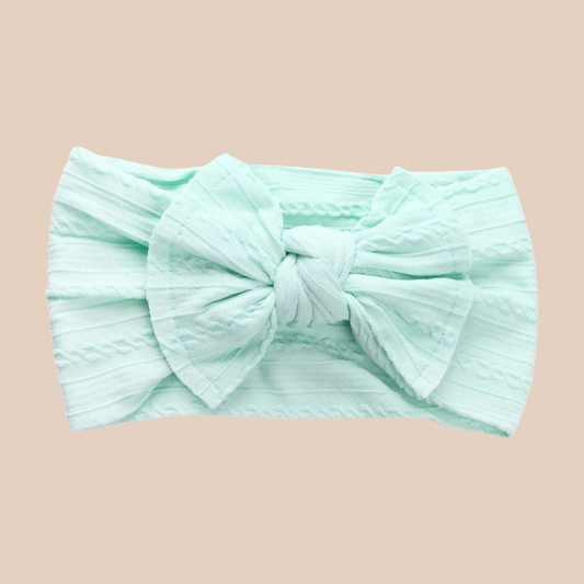 Mint cable knit headband. Newborn baby bow headband