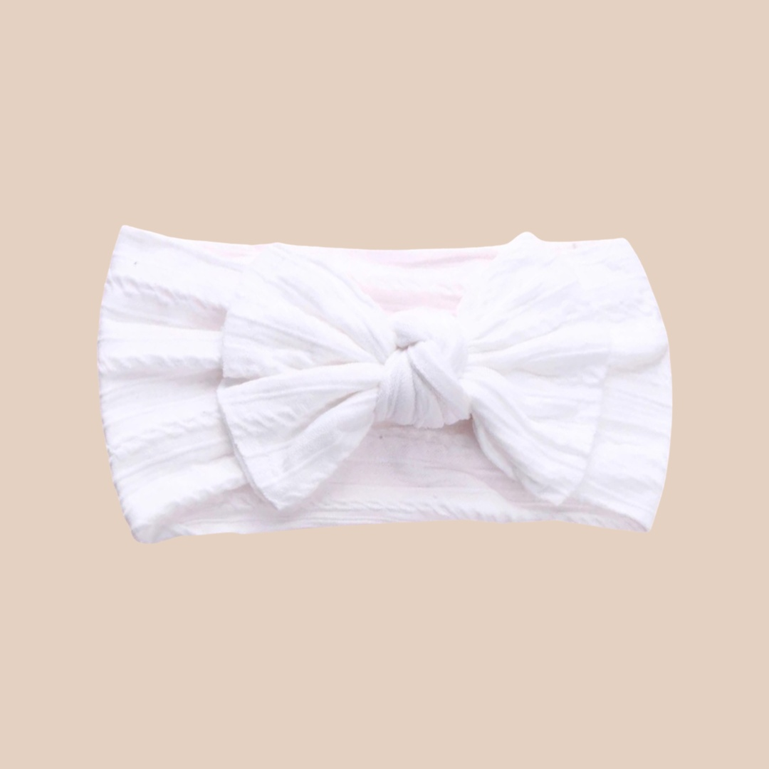 White cable knit headband. Newborn baby bow headbands. Baby hair accessories. Baby topknots 