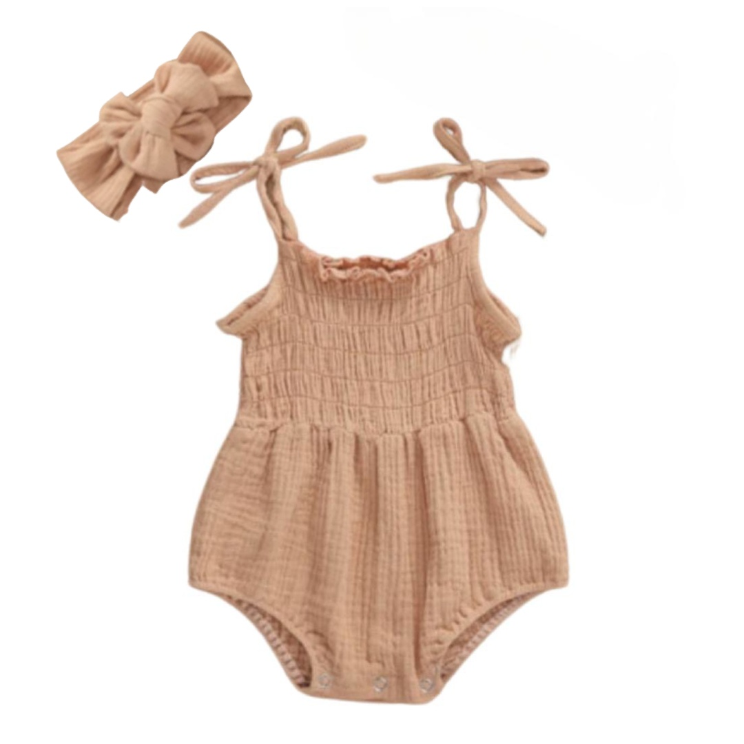 Tie Up Baby Romper & Headband Set | Tan