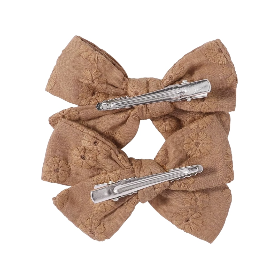 Embroidered 2 pcs Bow Clips | Beige