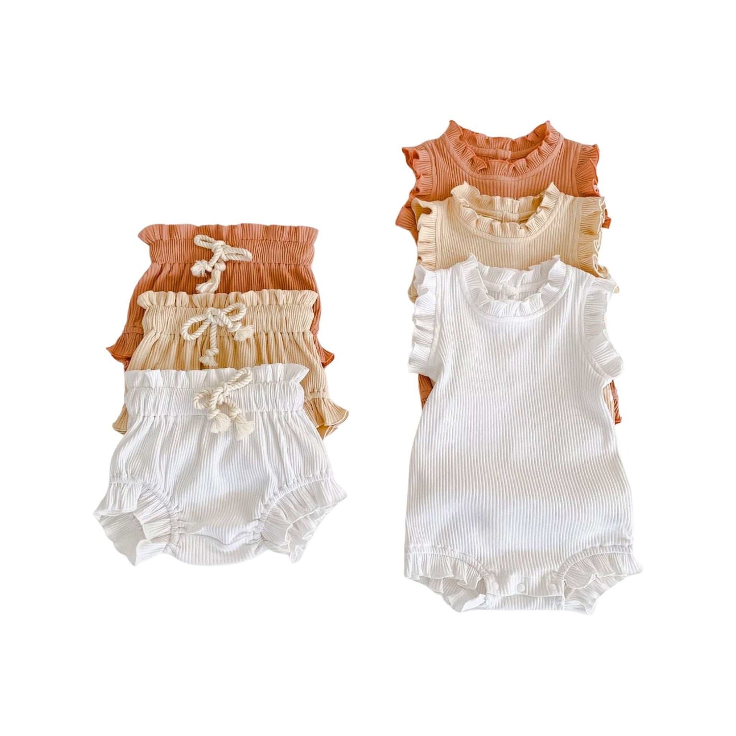 2 Piece Ribbed Frill Romper & Shorts Set | White
