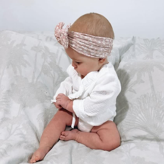Floral tan baby cable knit headband. Newborn baby bow headband