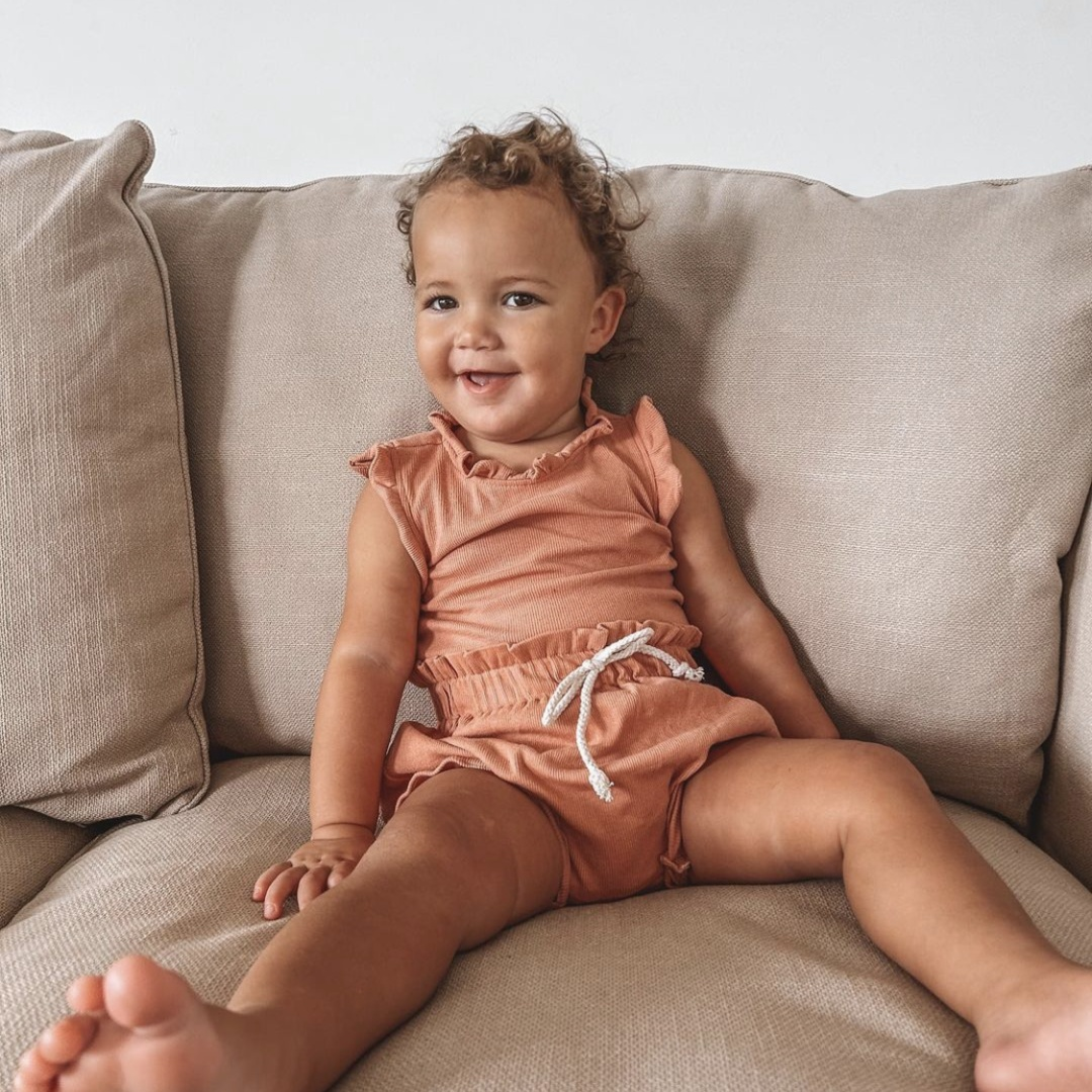 2 Piece Ribbed Frill Romper & Shorts Set | Dusty Rose