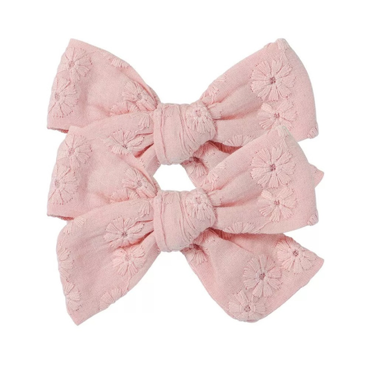 Embroidered 2 pcs Bow Clips | Light Pink