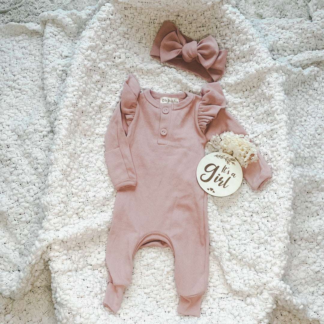 Dusty Pink Frill Onesie and Headband