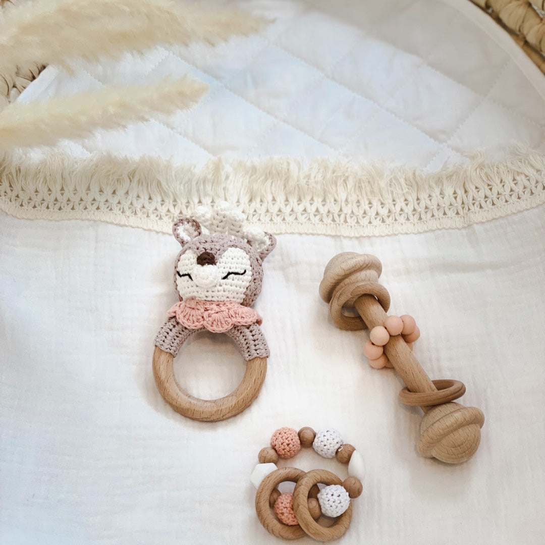 Baby Crochet Pink Deer Wooden Rattle