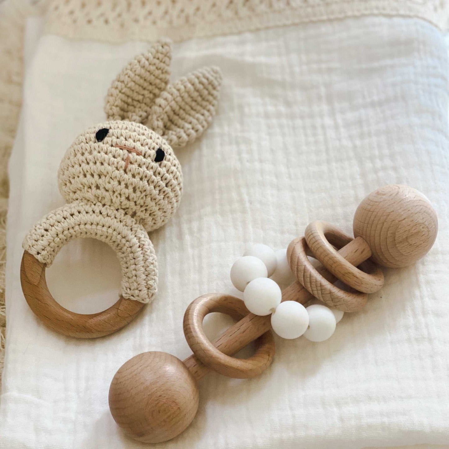 Natural Beechwood Baby Rattle and Crochet Bunny Set | Cream