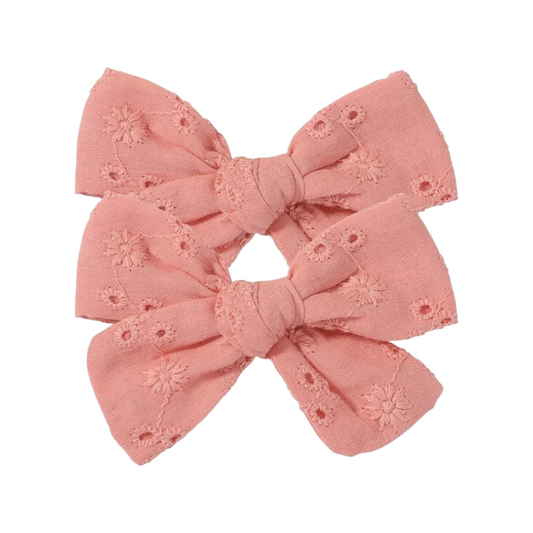 Embroidered 2 pcs Bow Hair Clips | Coral